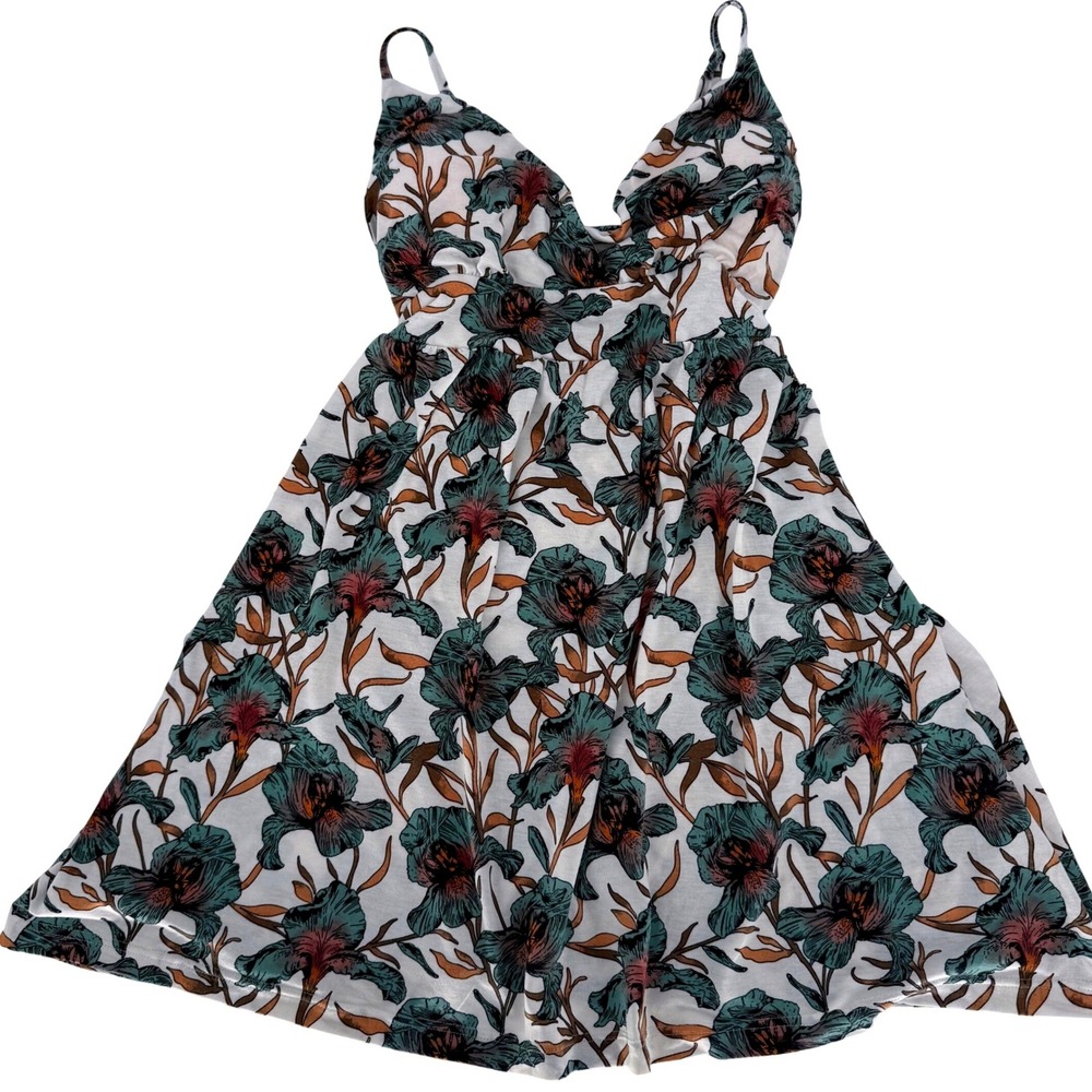 Floral Fairy Babydoll Mini Dress White Teal V-Neck Stappy Large